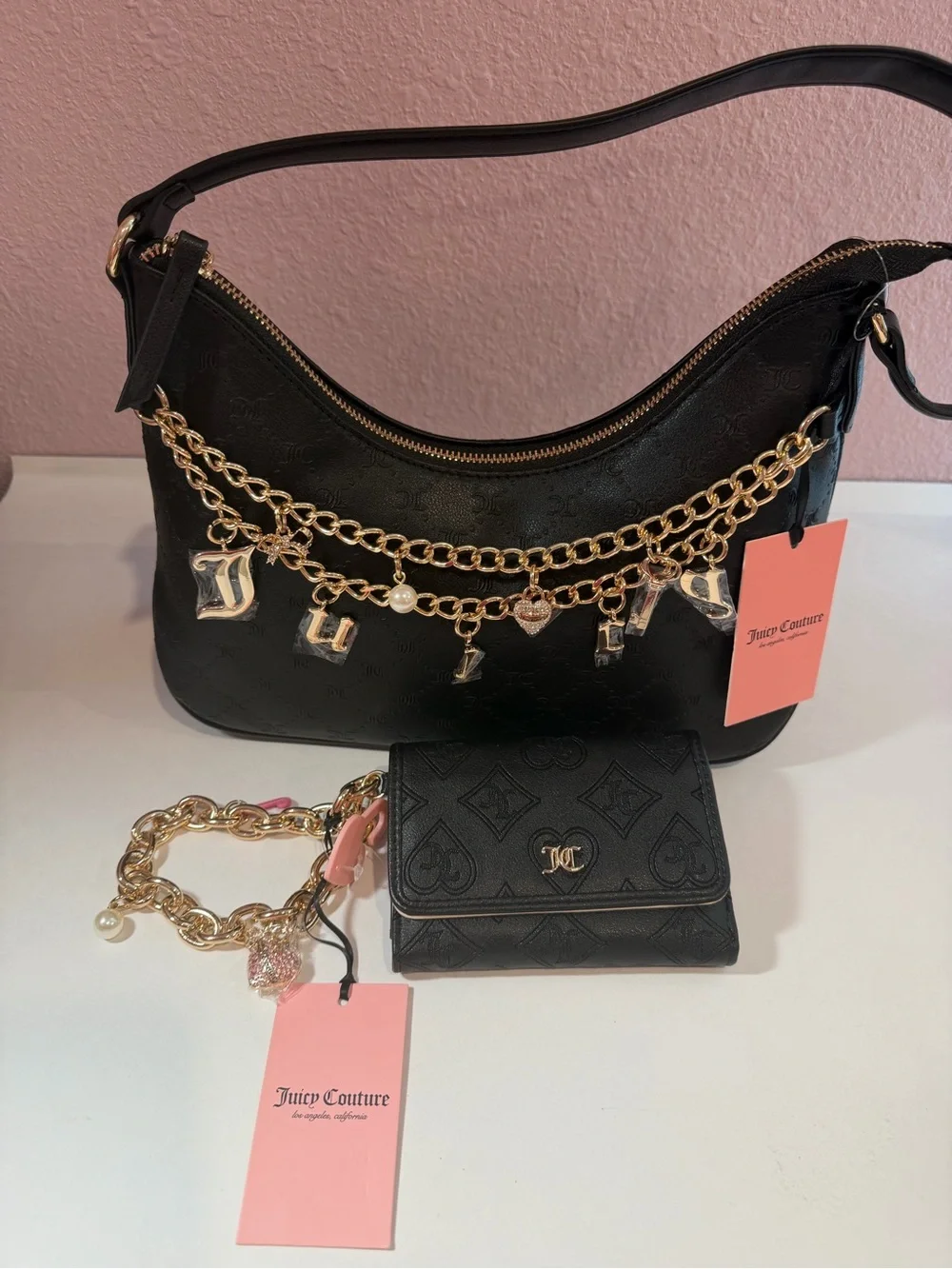 Juicy Couture Sprinkle Of Juicy Black Hobo Bag Charm Purse and Wallet NEW w TAGS